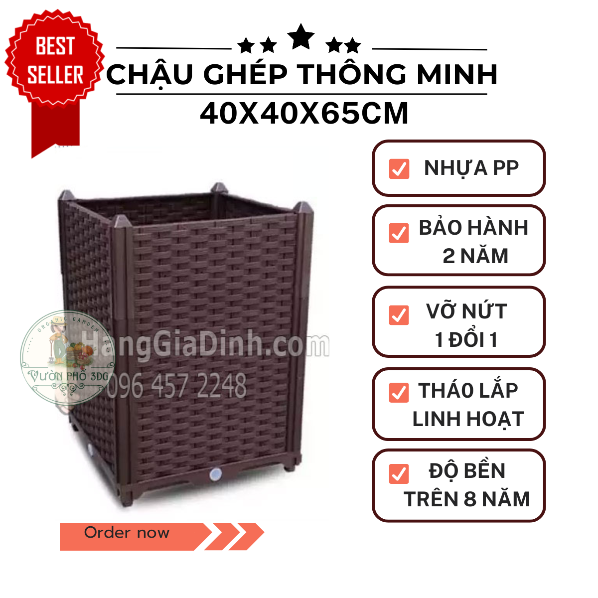 Chậu trồng cây, chậu ghép thông minh cao 65cm dài 40cm rộng 40cm mẫu mới về (Ghép cao 4 tầng vách)